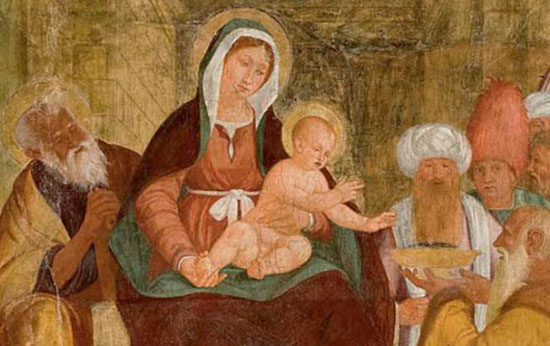 Andrea Previtali, Adorazione dei Magi (1518; Stezzano, Santuario della Madonna dei Campi) - dettaglio