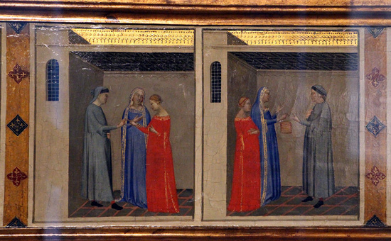 Scene dalla predella di Bernardo Daddi: il matrimonio di Michele Dagomari e la consegna della Sacra Cintola