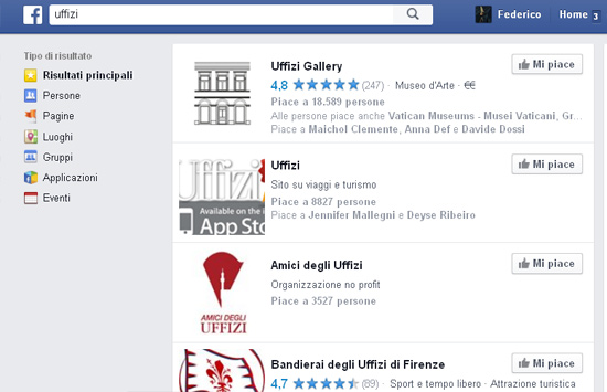 Se cerchiamo "Uffizi" su Facebook, questi sono i primi risultati