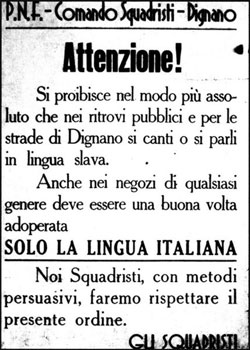 Manifesto squadrista per l'uso forzato della lingua italiana a Dignano, in Istria