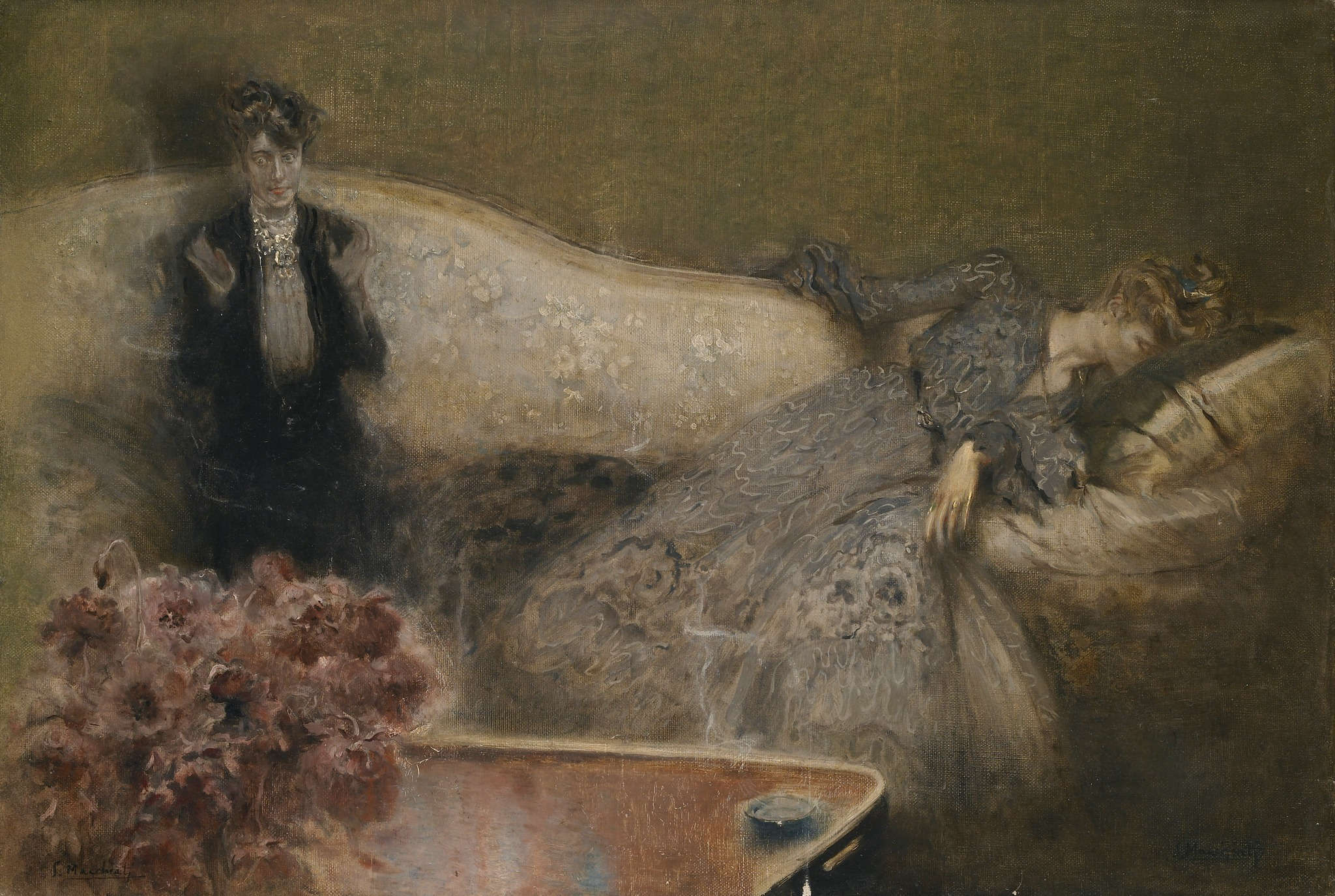 Serafino Macchiati, Deux femmes sur le canapé ou Morfinomani (1905 ; huile sur toile, 38 x 56 cm ; collection privée)