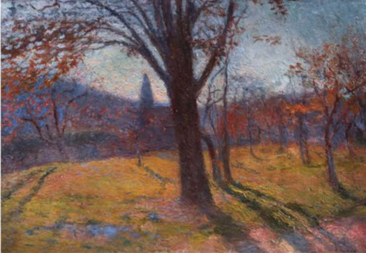 Serafino Macchiati, Paysage avec arbres (1900-1910 ; huile sur carton, 28 x 41 cm ; Fondazione Enrico Piceni)