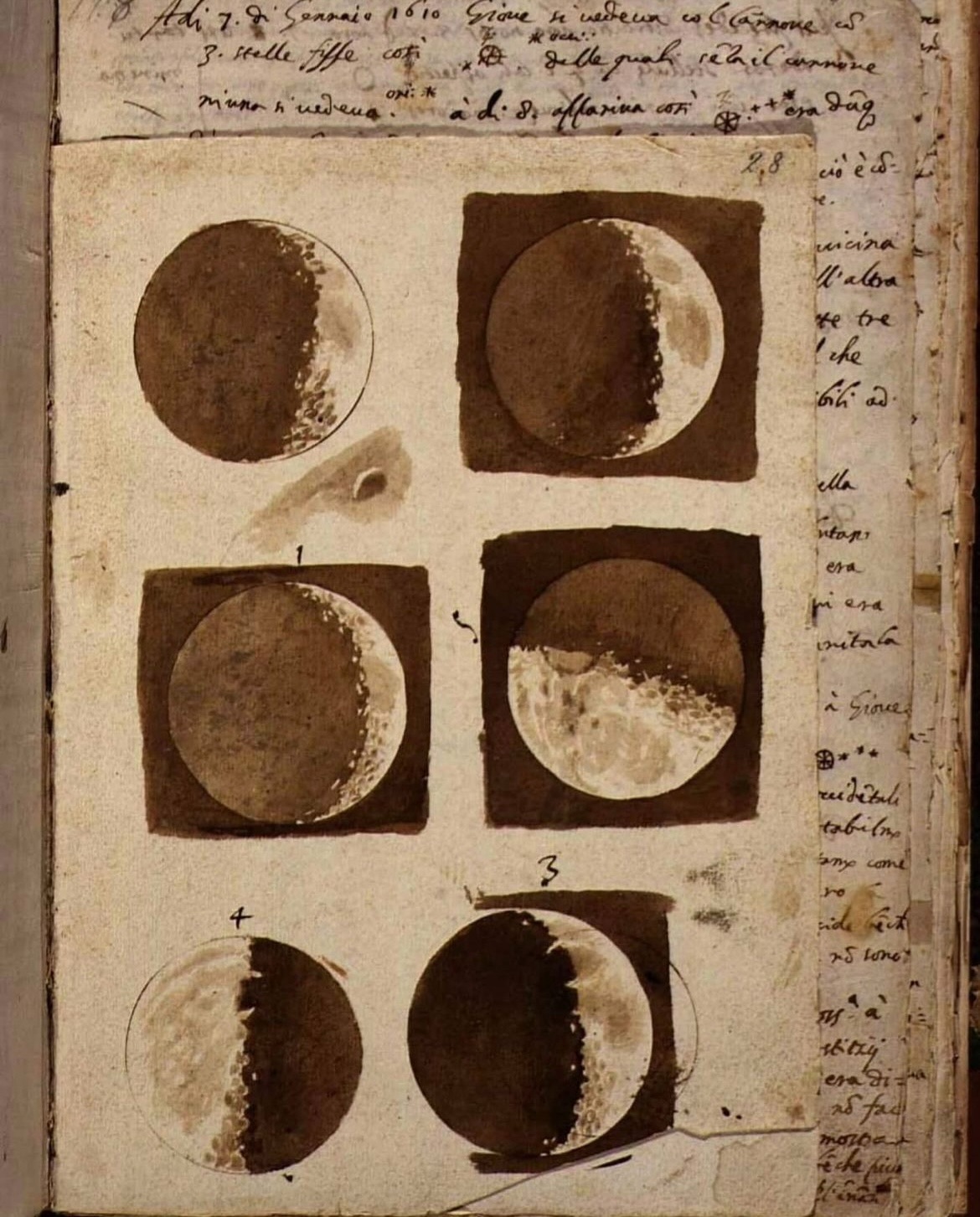 Galileo Galilei, Astronomy. Observations of Lunar Phases, November-December 1609 (1609; autograph paper manuscript, watercolor drawings on paper, 33 x 23 x 1.7 cm; Florence, Biblioteca Nazionale Centrale, ms. Galileiano 48)