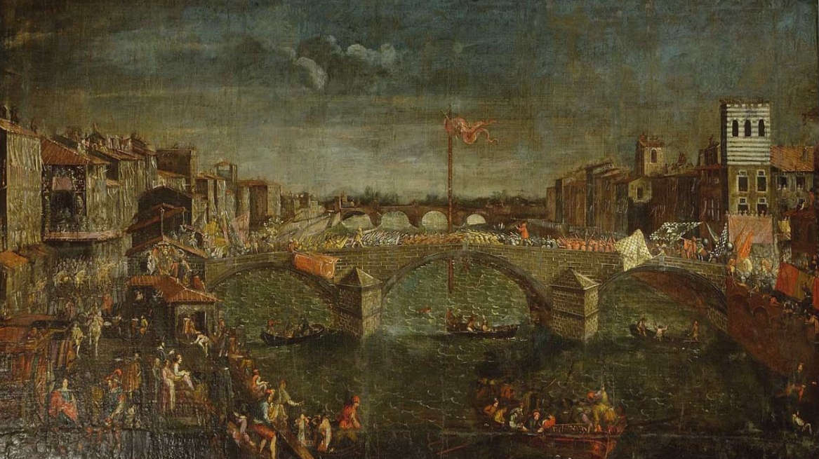 Anónimo, El juego del puente en Pisa (siglo XVIII; óleo sobre lienzo, 100 x 166 cm; Florencia, Palacio Pitti, Galería Palatina y Apartamentos Reales)