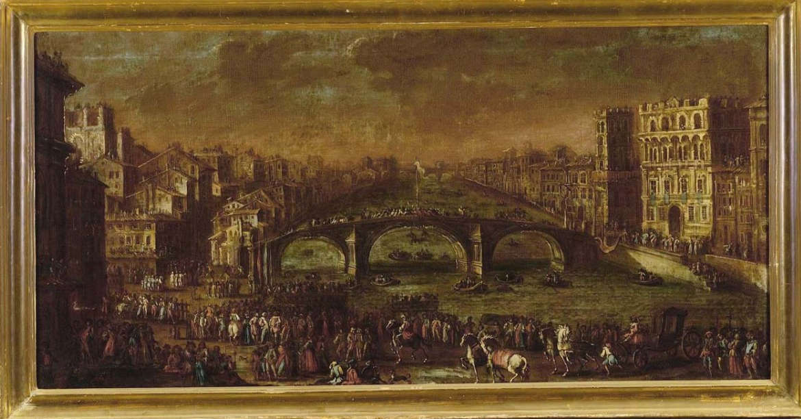 Gherardo Poli, Ansichten der Brücke (um 1700-1724; Öl auf Leinwand, 53 x 105 cm; Florenz, Palazzo Pitti, Palatinische Galerie und Königliche Gemächer)
