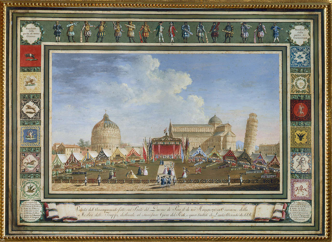 Giuseppe Maria Terreni, Campamento de tropas para el juego (c. 1790; temple sobre papel, reflejos dorados, 53 x 74 cm; Florencia, Palazzo Pitti, Galleria d'Arte Moderna)