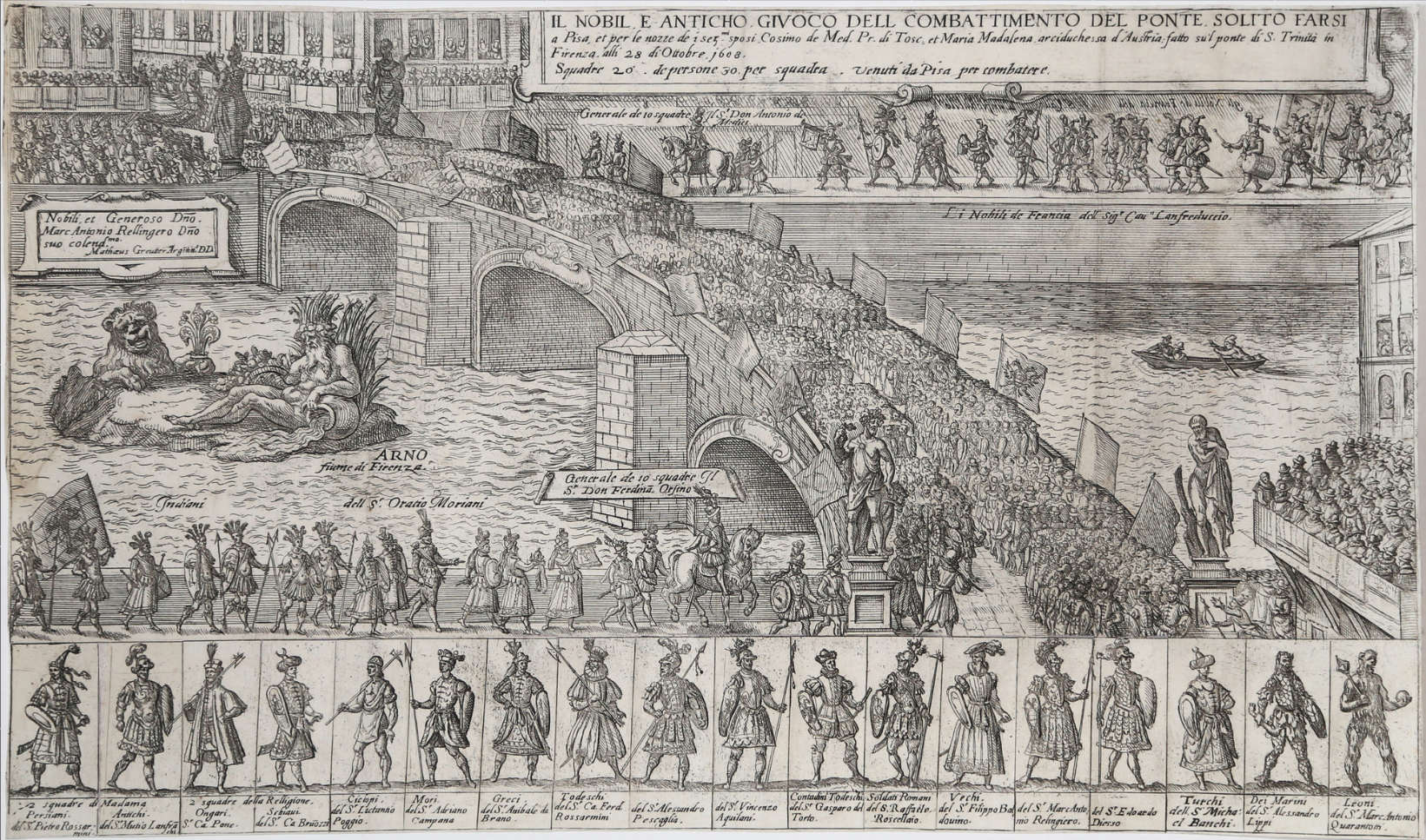 Matthäus Greuter, Il nobil e antico giuoco del combattimento del ponte solito farsi a Pisa... (1608 ; eau-forte, 273 x 499 mm)
