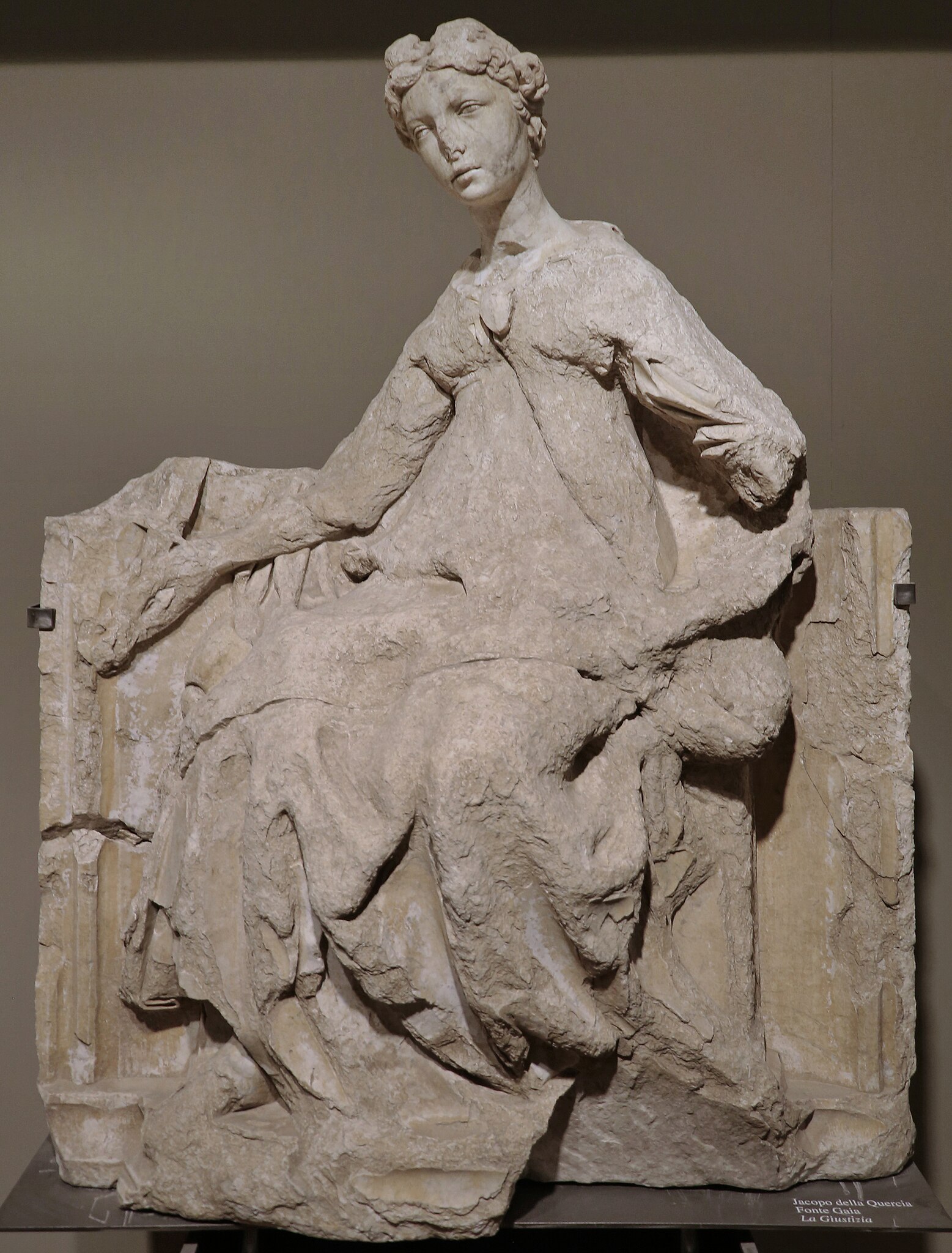 Jacopo della Quercia, Justice, from the Fonte Gaia in Siena (1409-1419; marble; Siena, Santa Maria della Scala)