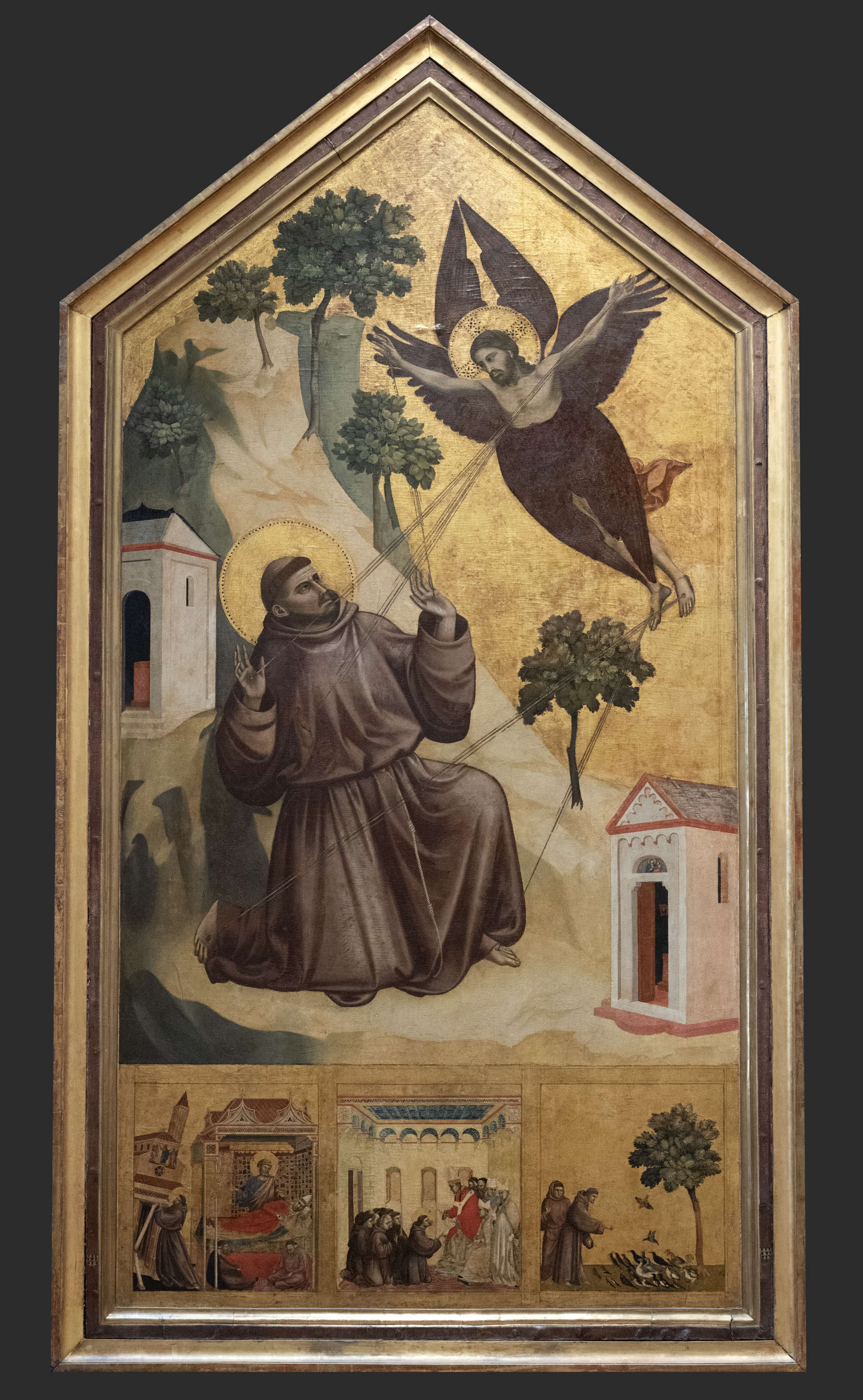 Giotto, Los estigmas de San Francisco (c. 1300-1325; temple sobre tabla con fondo dorado, 313 cm x 163 cm; París, Louvre)