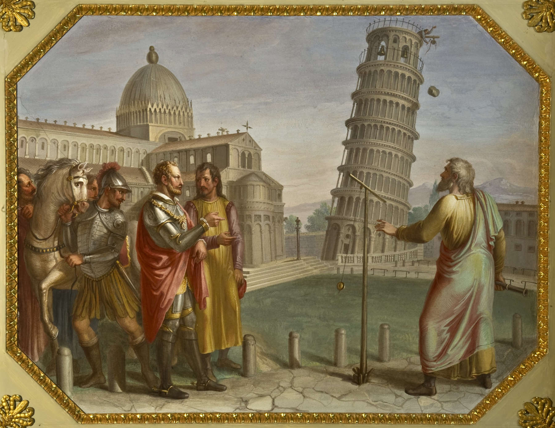 Luigi Catani, En presencia del Gran Duque, Galileo realiza el experimento de la caída de los cuerpos desde la Torre de Pisa (1816; temple sobre pared; Florencia, Palazzo Pitti, Quartiere Borbonico o Nuovo Palatino, sala 15)