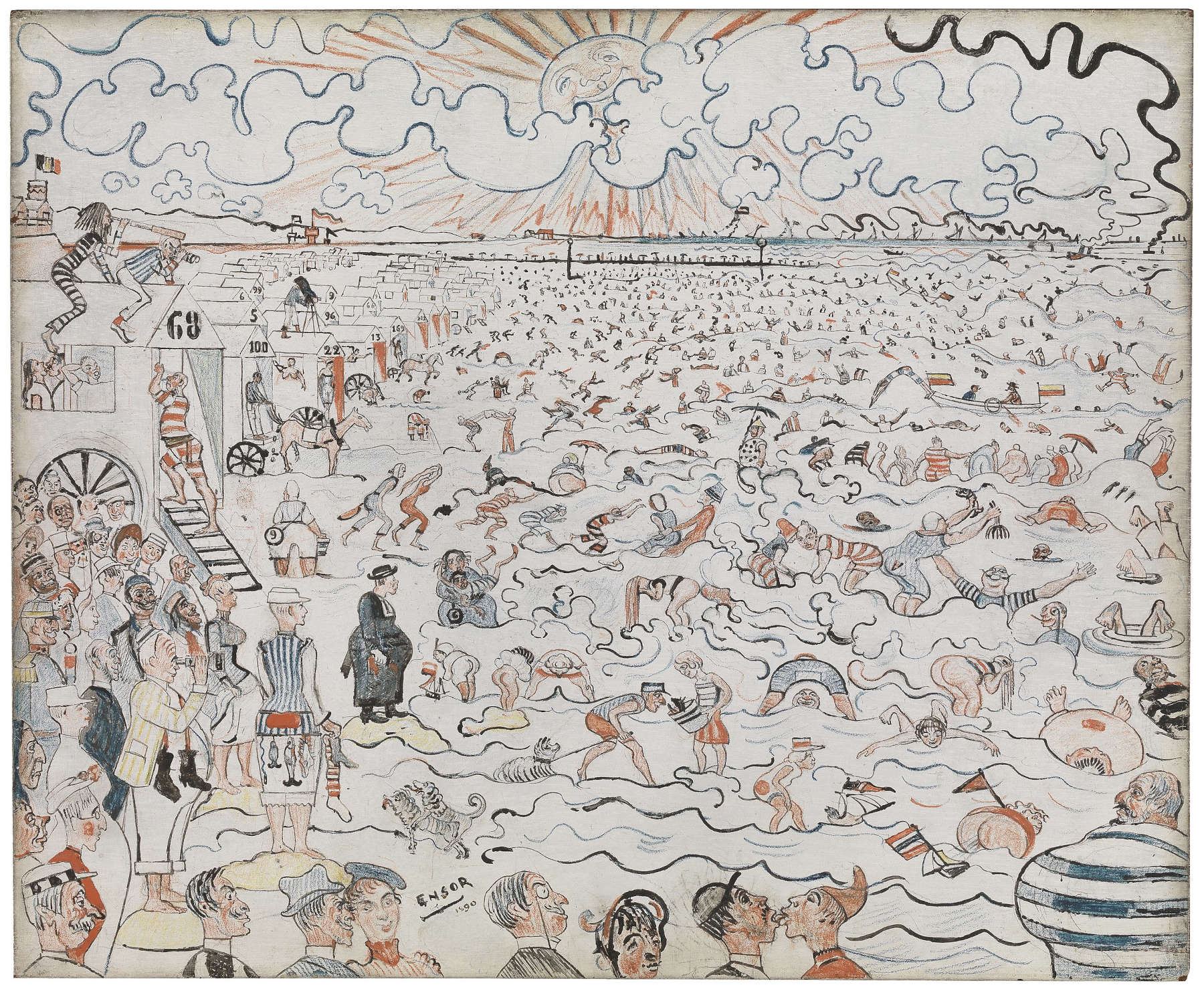 James Ensor, Los baños de Ostende (1890; óleo, gouache y lápices sobre tabla, 37,4 x 45,4 cm; Gante, Museum voor Schone Kunsten)