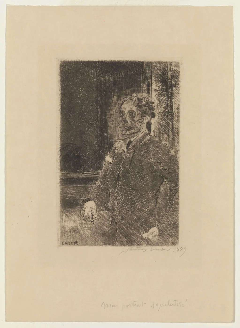 James Ensor, Mi retrato como esqueleto (1889; grabado, 116 x 75 mm; Gante, Museum voor Schone Kunsten)