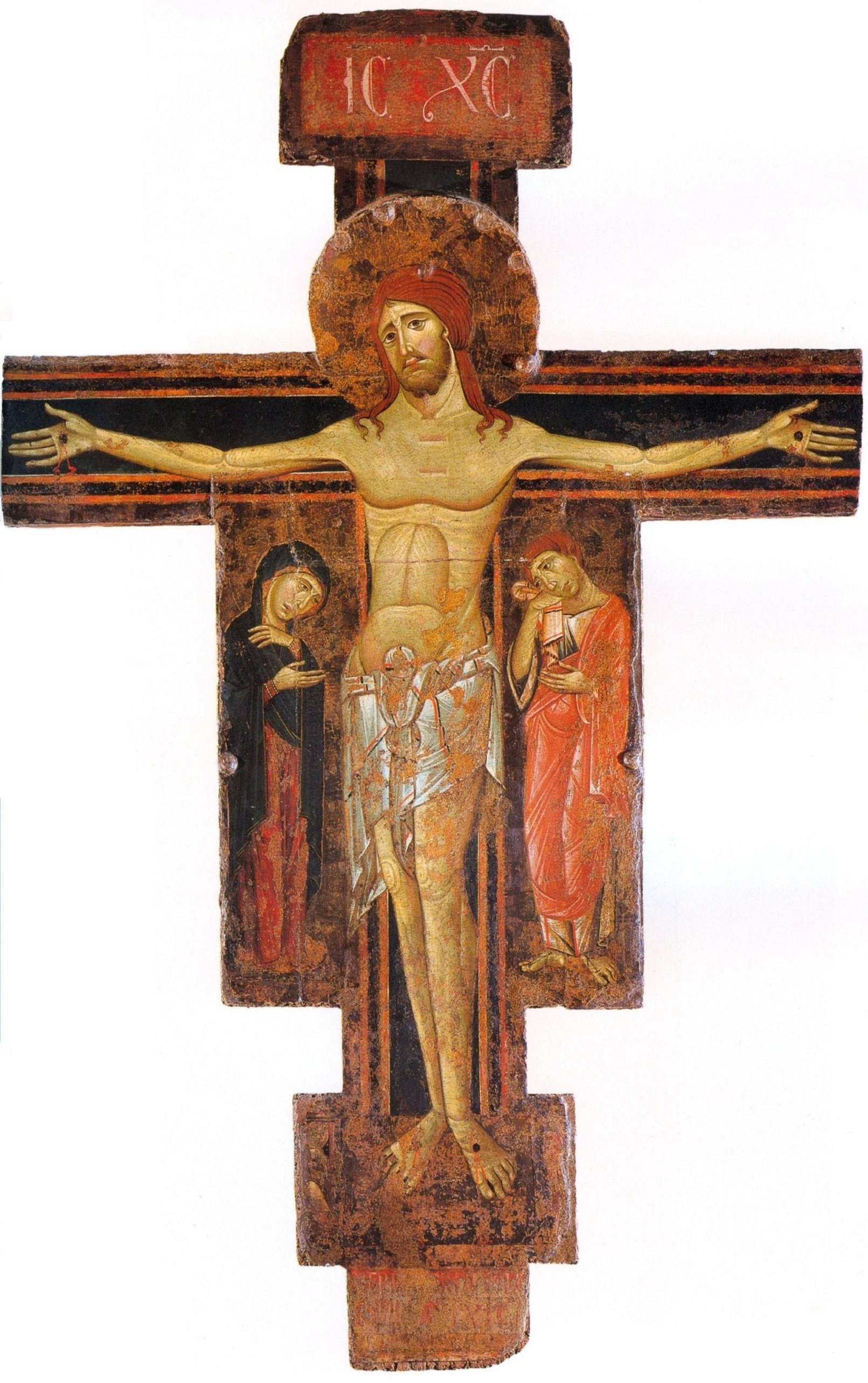 Berlinghiero Berlinghieri, Christus triumphans zwischen der Jungfrau und Johannes dem Evangelisten (ca. 1230-1235; Tempera und Silber auf Tafel, 156 x 100 cm; Pisa, Museo Nazionale di San Matteo)