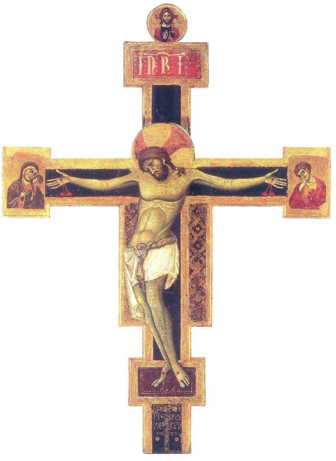 Giunta Pisano, Kreuz von San Ranierino: Christus patiens zwischen der Jungfrau und dem Evangelisten Johannes (Mitte 13. Jahrhundert; Tempera und Gold auf Tafel, 185 x 135 cm; Pisa, Museo Nazionale di San Matteo)