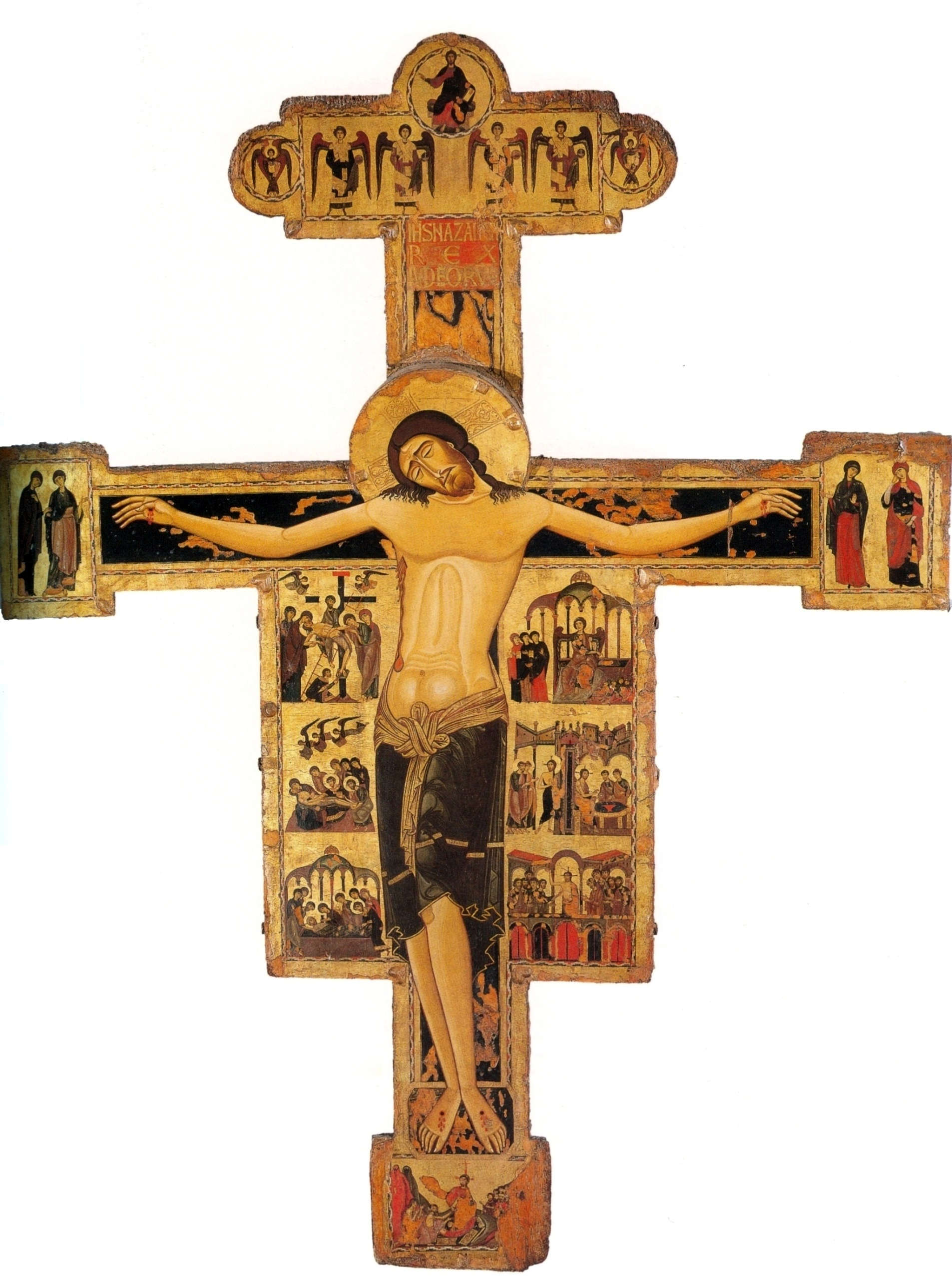 Pisanisch-byzantinischer Maler, Christus patiens zwischen der Jungfrau und dem Evangelisten Johannes, zwei frommen Frauen und Passionsgeschichten (Ende 13. Jh.; Tempera und Gold auf Pergament, 298 x 233 cm; Pisa, Museo Nazionale di San Matteo, Inv. 20)