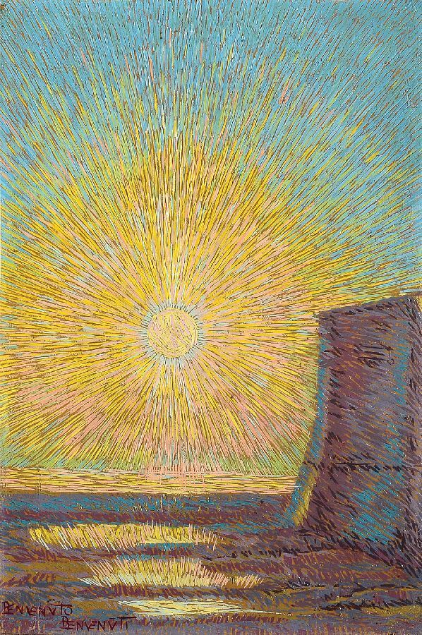 Benvenuto Benvenuti, Puesta de sol (óleo sobre tabla, 28 x 18,7 cm). En concesión de Farsetti Arte.