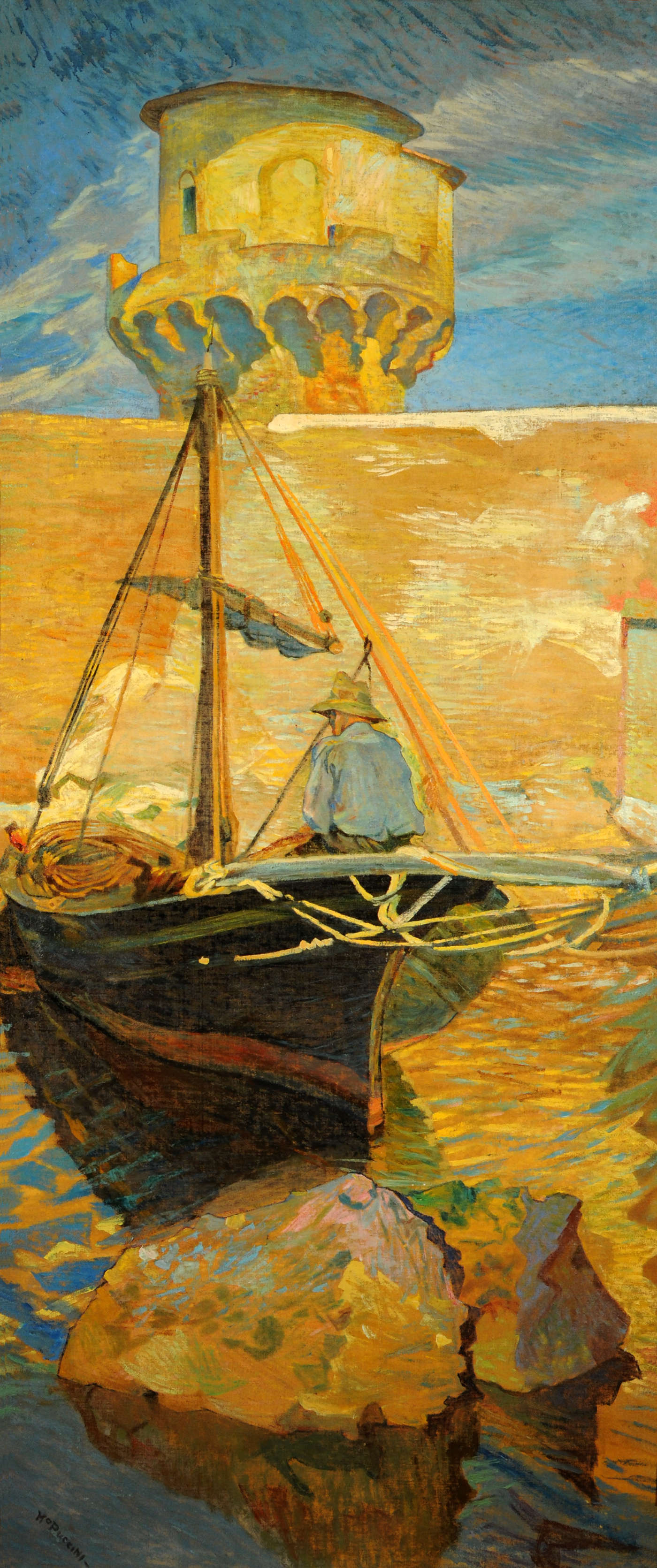 Mario Puccini, Il Lazzeretto (Bateau avec pêcheur assis de dos) (1908-1912 ; huile sur toile, 205 x 95 cm ; collection privée)