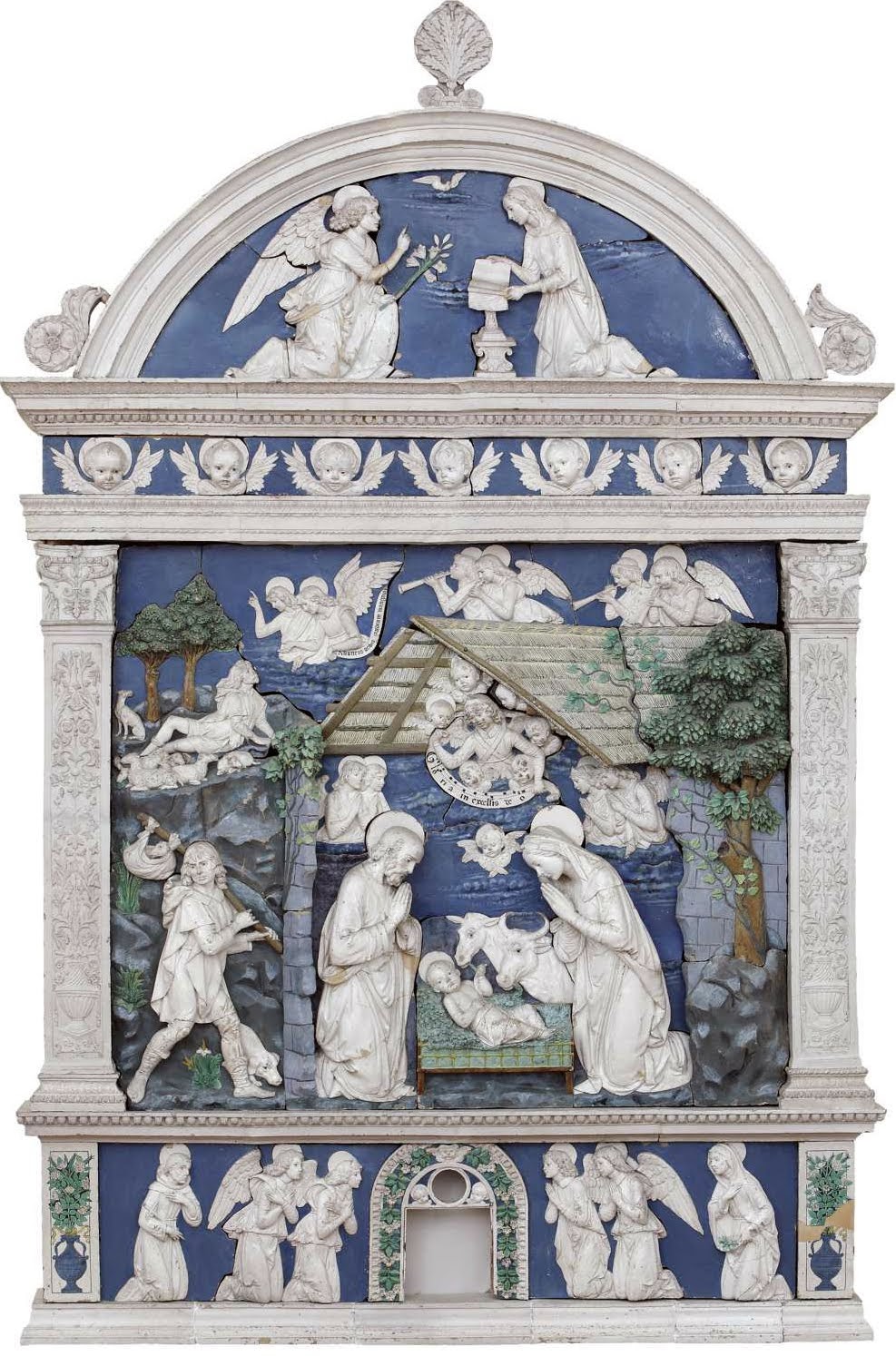 Andrea della Robbia, Natividad con anuncio a los pastores (c. 1480; terracota vidriada, 344 x 237 cm; Sansepolcro, Museo Civico)