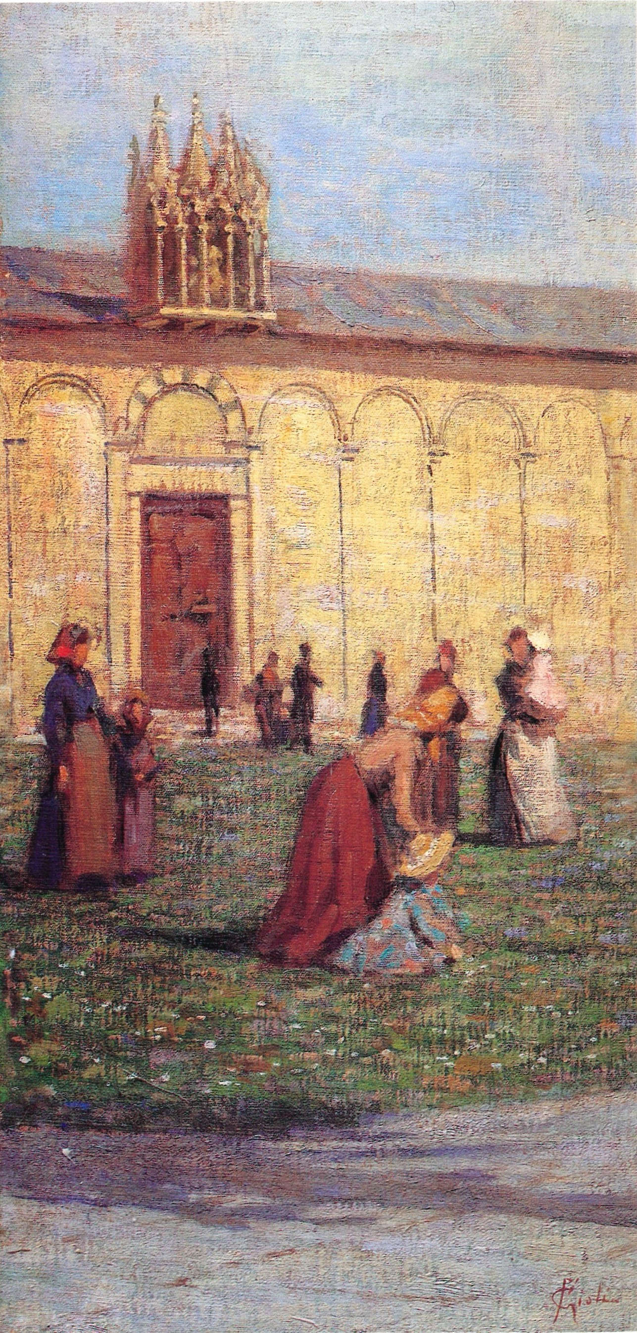 Francesco Gioli, Scorcio di Piazza dei Miracoli con figure (1910; Öl auf Leinwand, 67 x 33 cm; Privatsammlung)