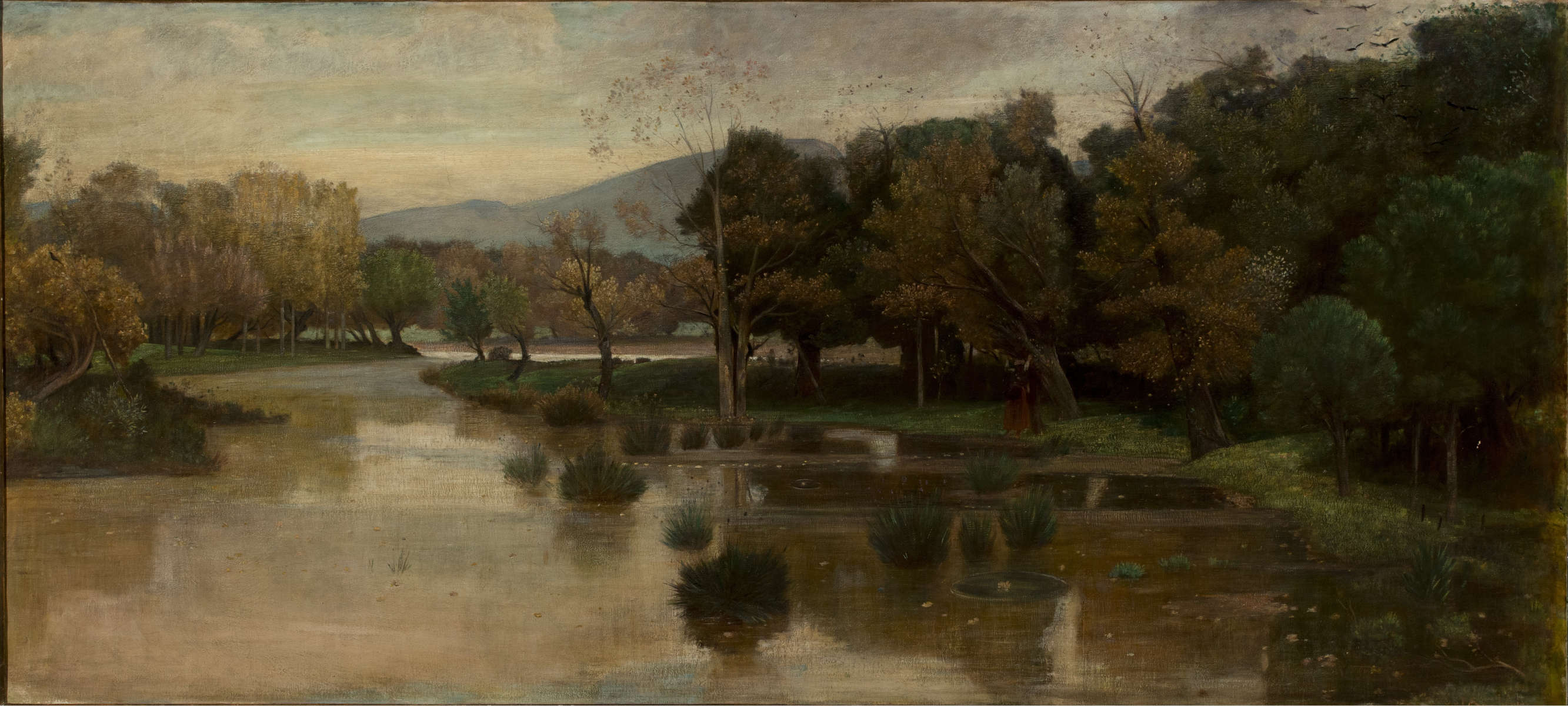 Nino Costa, Le fleuve mort à Gombo di Pisa. Paysage avec rivière (huile sur toile, 15 x 29 cm ; Forlì, Palazzo della Residenza della Cassa dei Risparmi di Forlì)