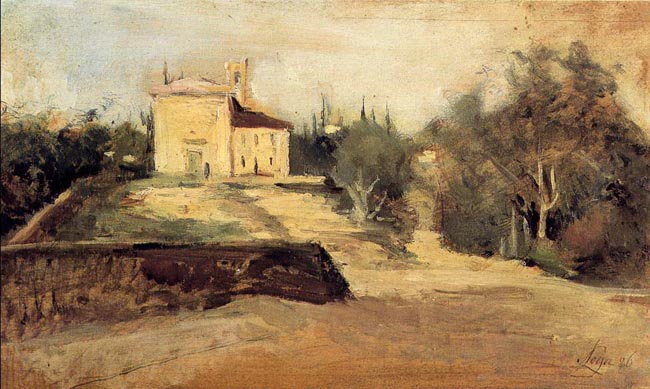 Silvestro Lega, L'église de Crespina (1886 ; huile sur panneau, 19 x 32 cm ; Crespina, collection Pepi)