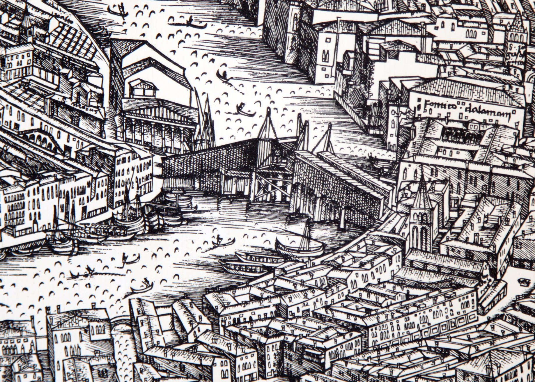 The fondaco in Jacopo de' Barbari's map (the building near the Rialto Bridge on the right)