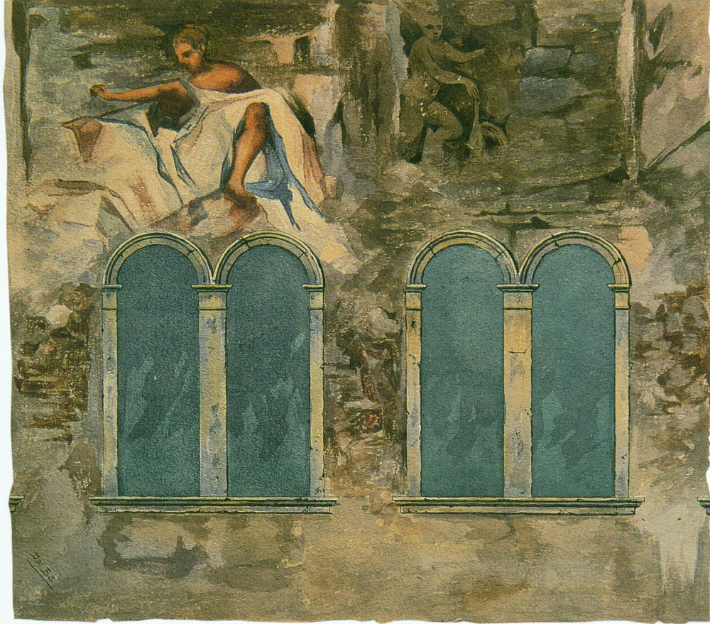 Zaccaria Dal Bò, Works of Giorgione at the Fondaco dei Tedeschi (1896; pen, brush, inks, watercolors, 398 x 135 mm ca.; Castelfranco Veneto, Museo Giorgione)