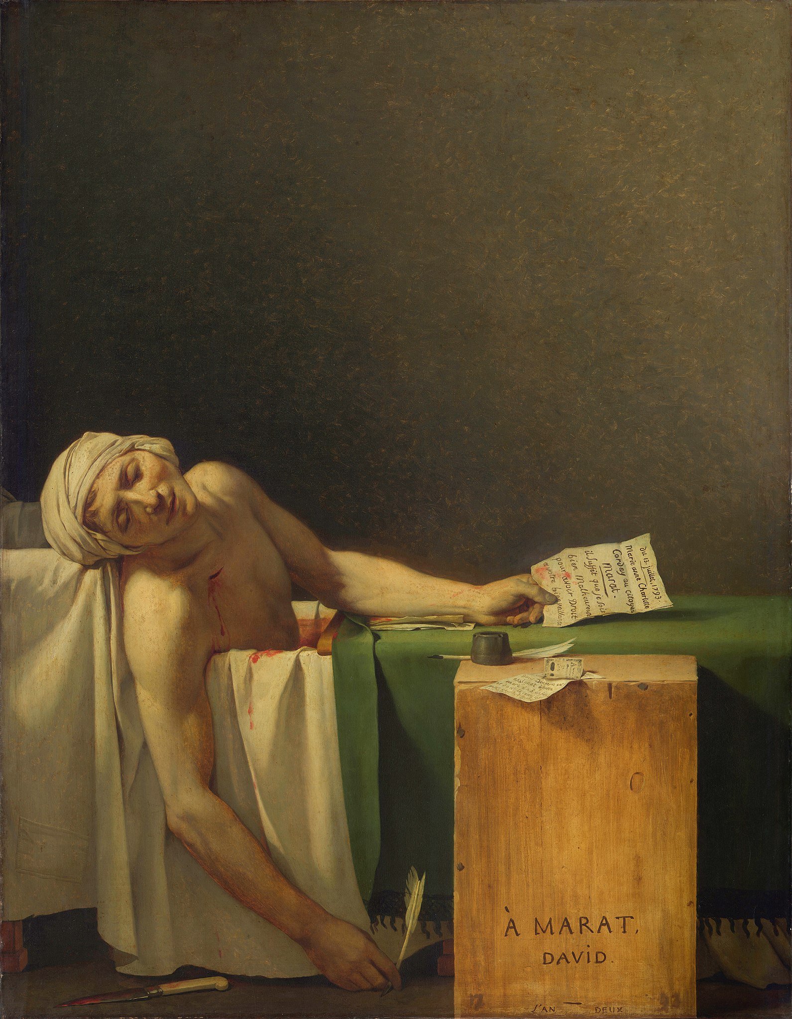 Jacques-Louis David, The Death of Marat (1793, oil on canvas, 165 × 128 cm; Brussels, Musées Royaux des Beaux-Arts)