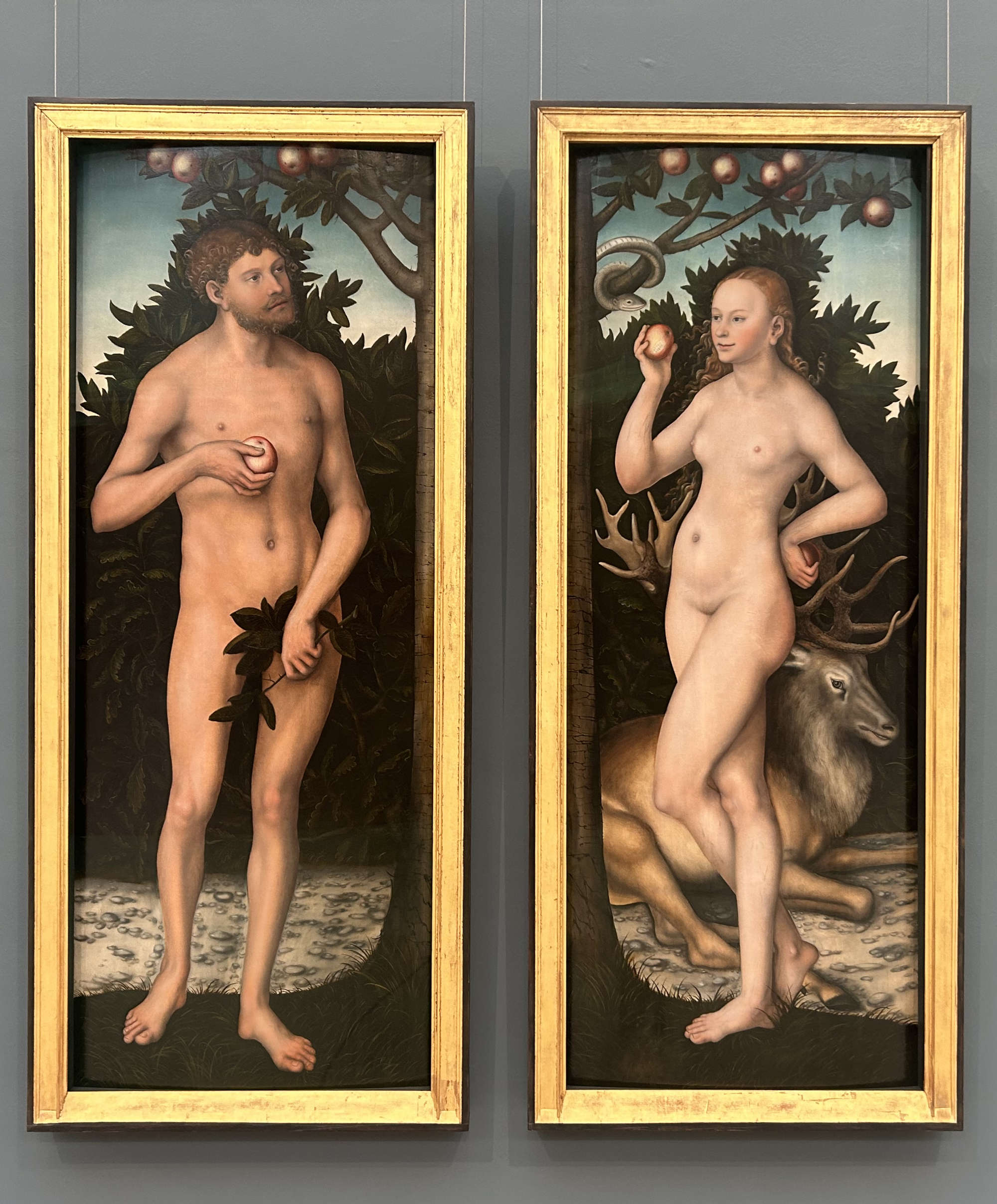 Lucas Cranach the Younger, Adam and Eve (post 1537; panel, 175.6 x 68.6 cm; Brussels, Musées Royaux des Beaux-Arts)