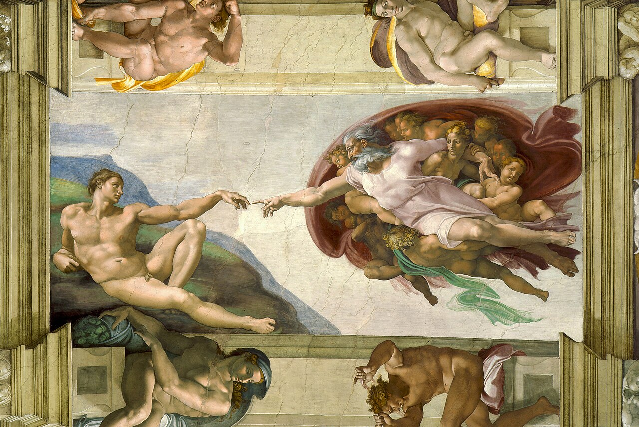 Michelangelo, Erschaffung des Adam (1511; Fresko, 280 x 570 cm; Vatikanstadt, Sixtinische Kapelle)