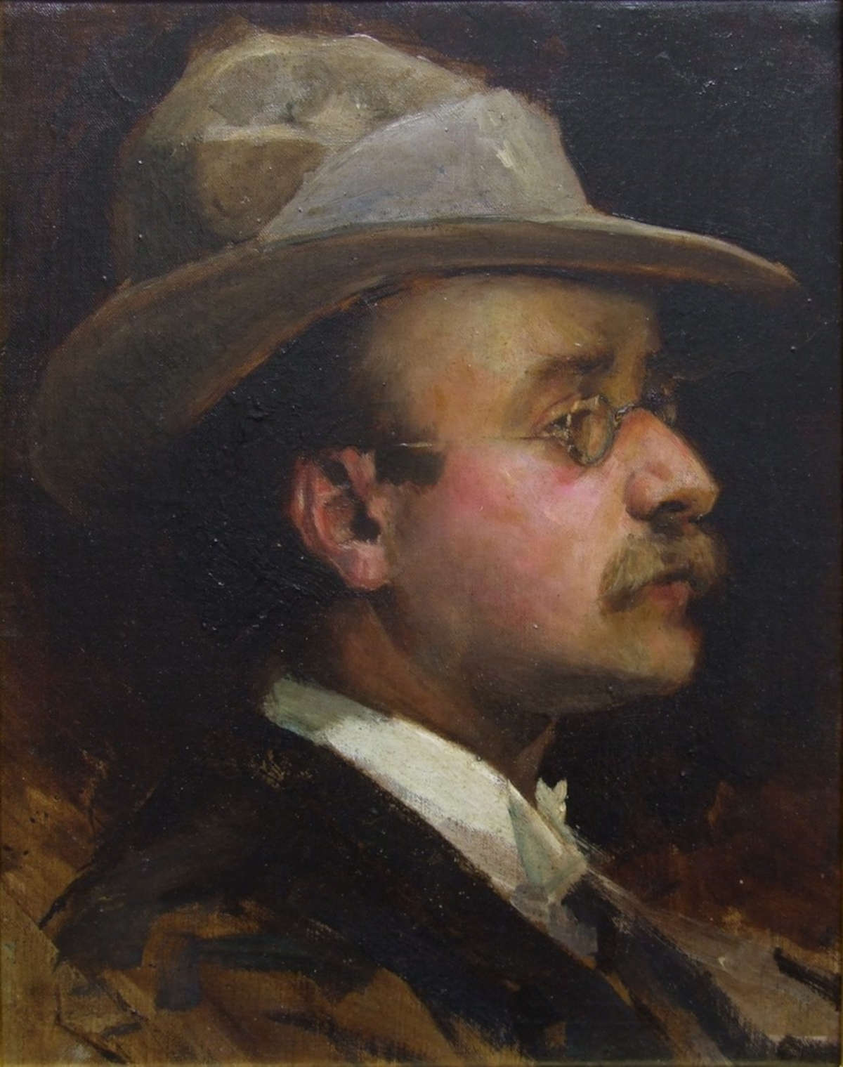 Pietro Aldi, Selbstporträt im Profil mit Hut (1884-1886; Öl auf Leinwand, 43,8 x 34,8 cm; Saturnia, Polo Culturale Pietro Aldi)