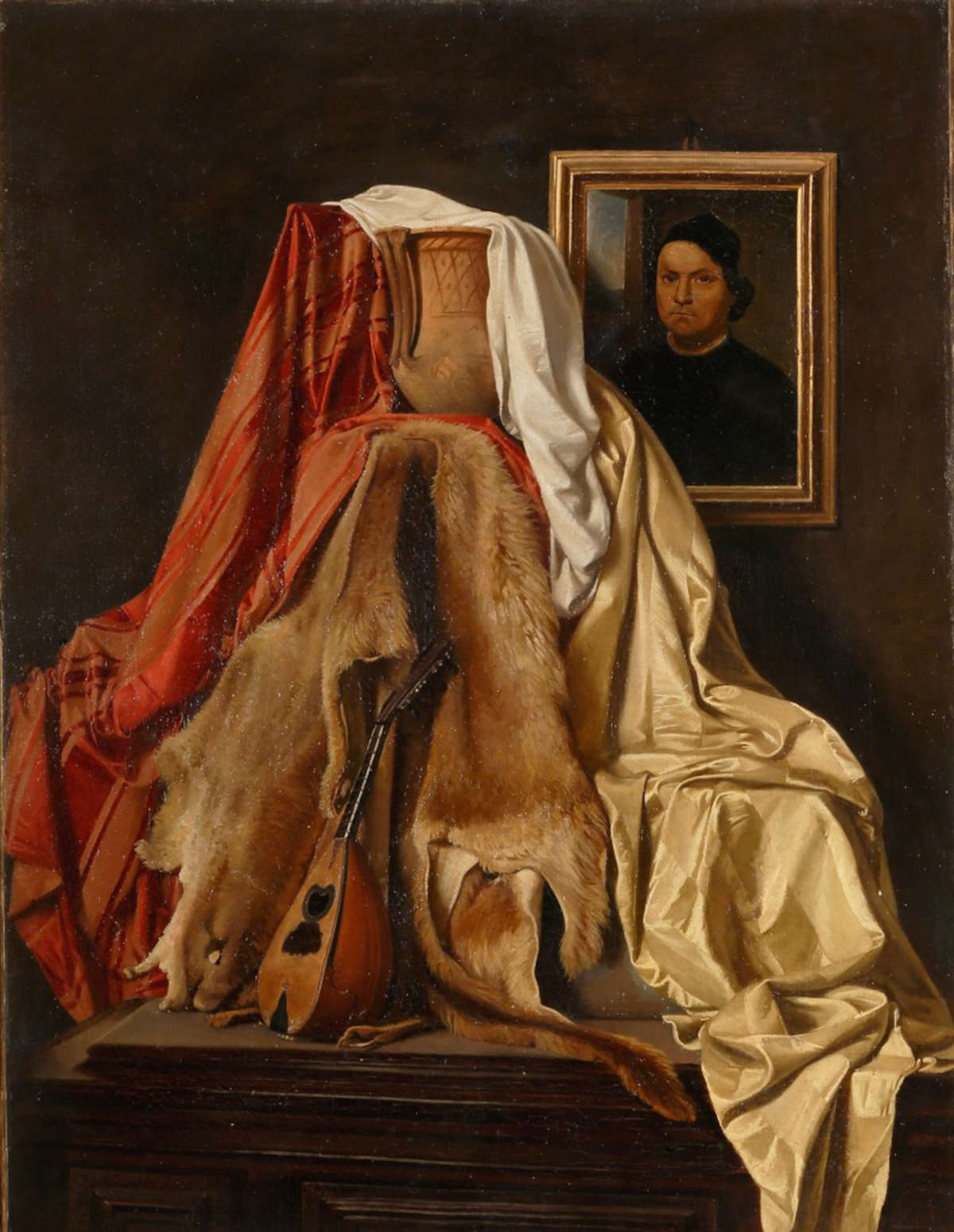 Pietro Aldi, Still Life with Fur and Lute (1871; oil on canvas, 78.5 x 60 cm; Saturnia, Polo Culturale Pietro Aldi)