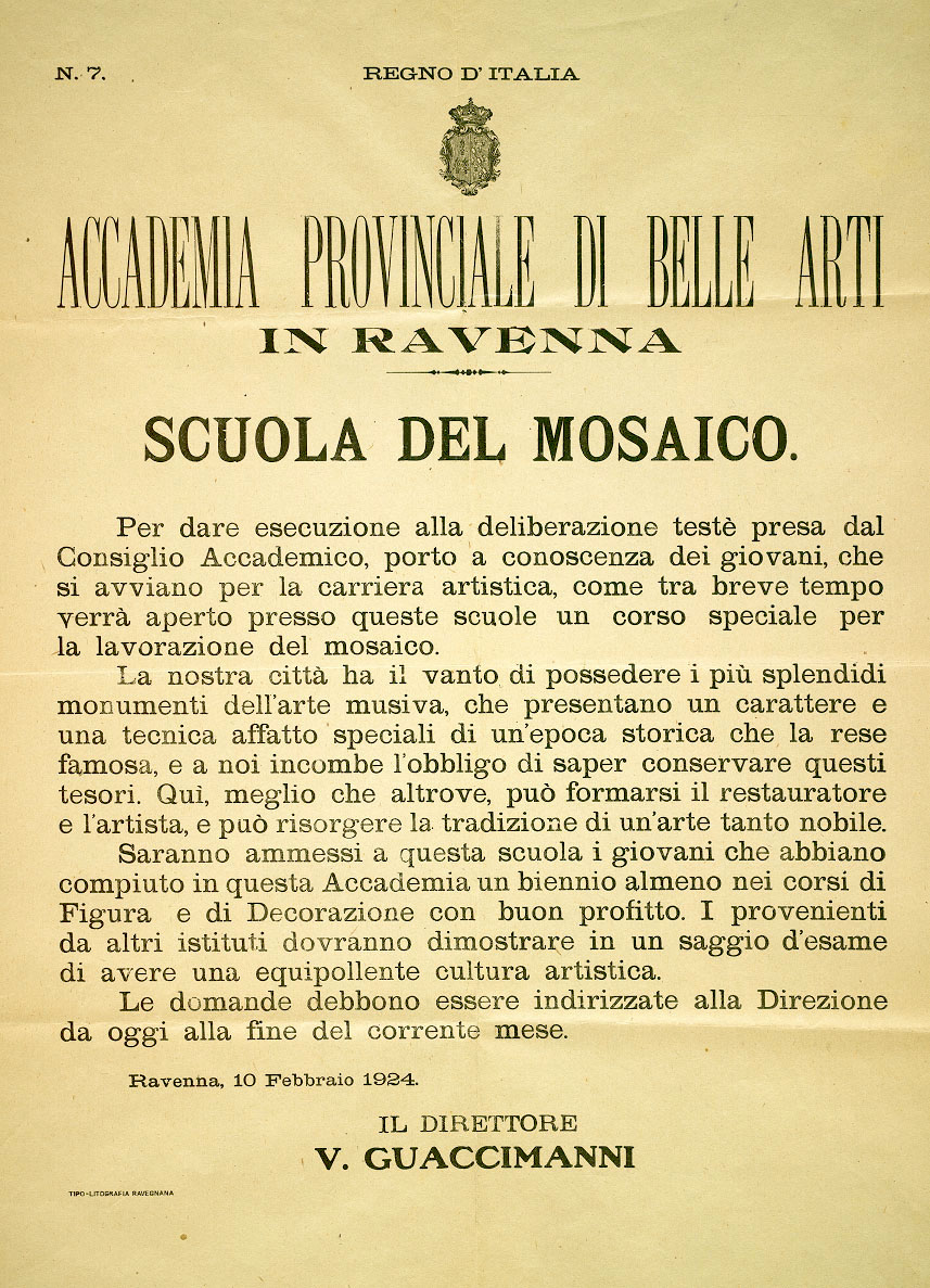 The announcement from which the Mosaic School of the Ravenna Academy of Fine Arts originated.