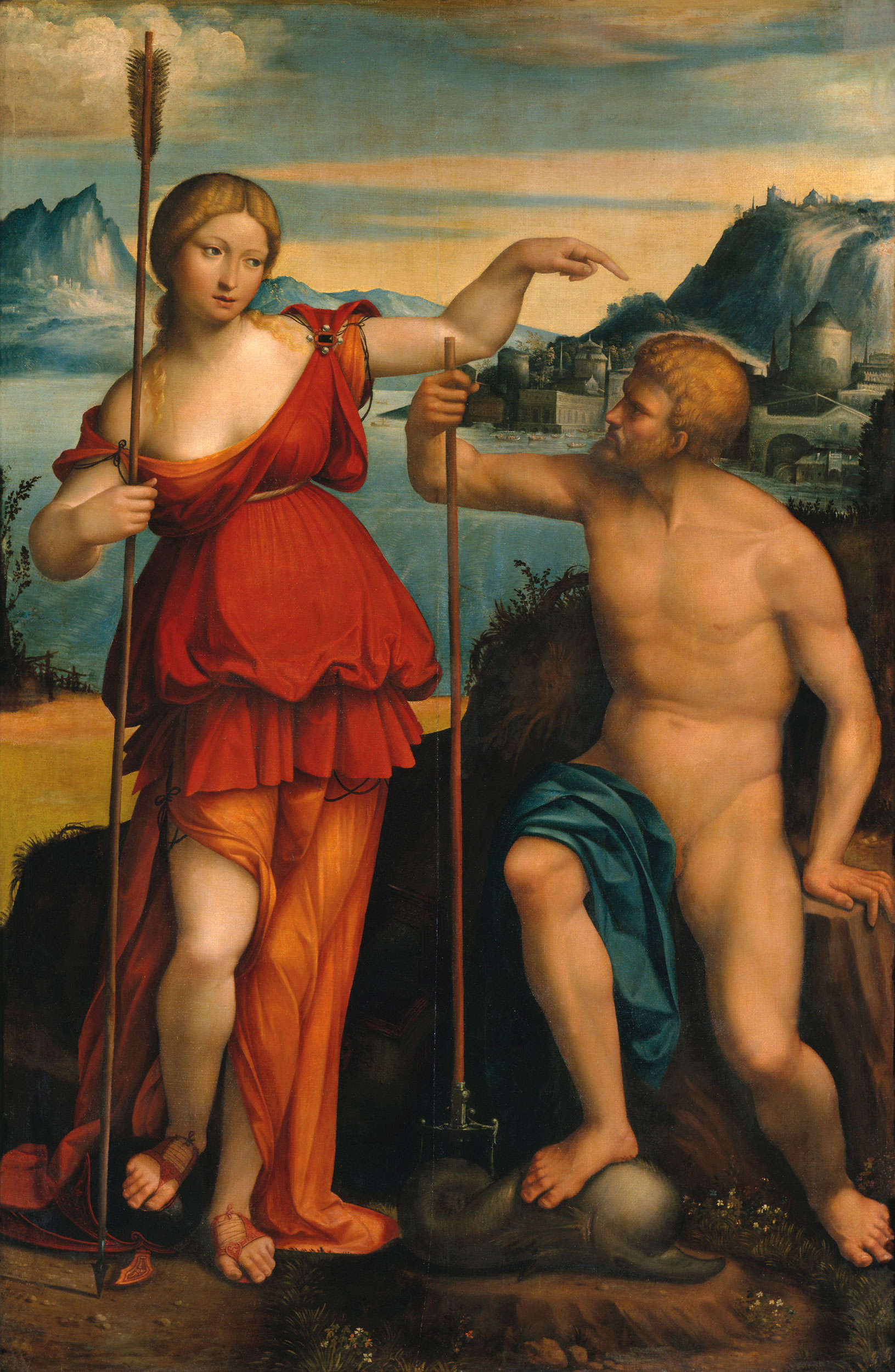 Benvenuto Tisi genannt Garofalo, Minerva und Neptun (Allegorie von Alfonso I.) (1512; Öl auf Tafel, 211 x 140 cm; Dresden, Staatliche Kunstsammlungen, Gemäldegalerie Alte Meister)