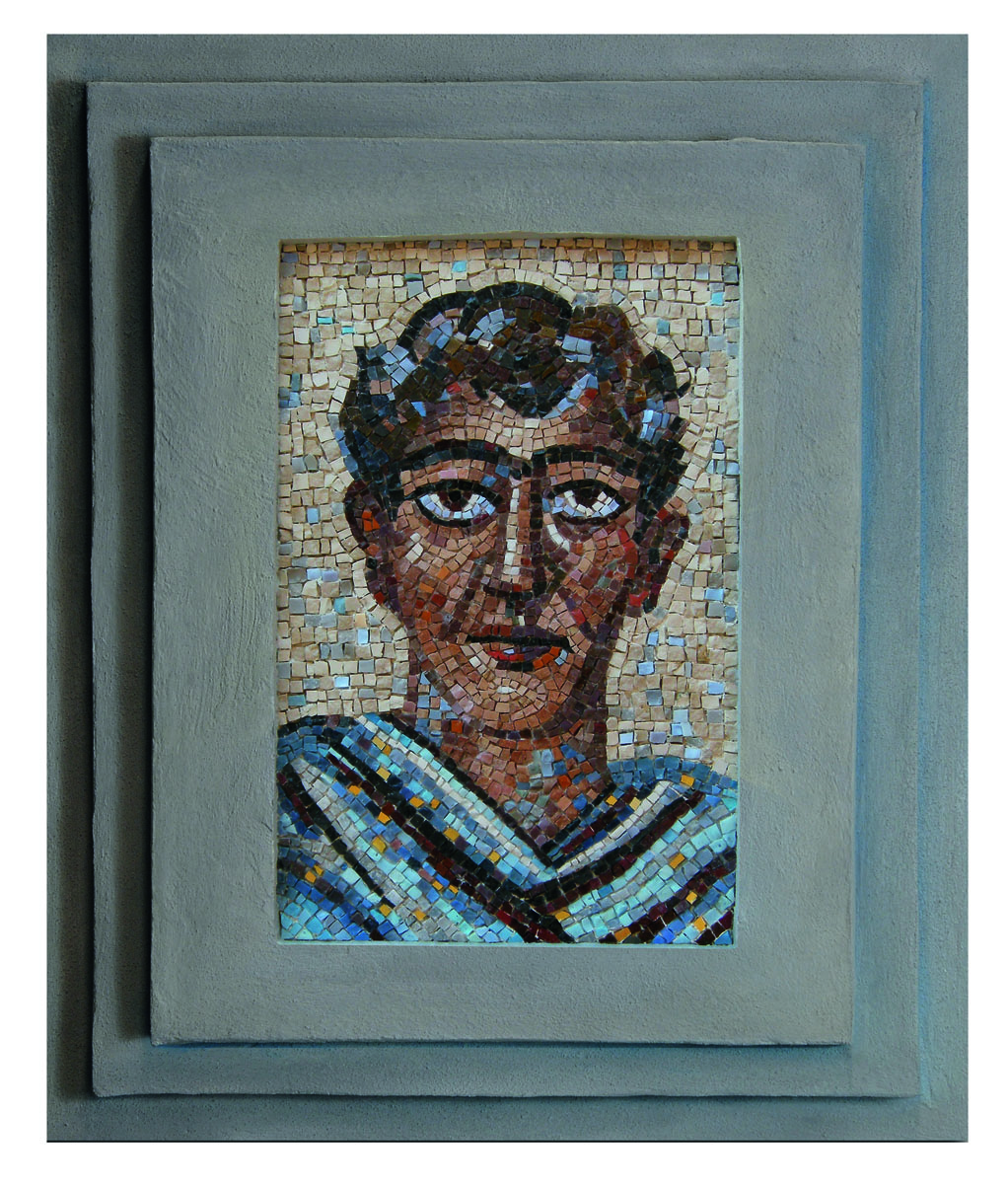 Gino Severini, Tête d'homme (copie de l'original de 1938 autorisée par Romana Severini, mosaïque, 75 × 61 cm ; Associazione Amici del Mosaico Artistico Tornareccio)