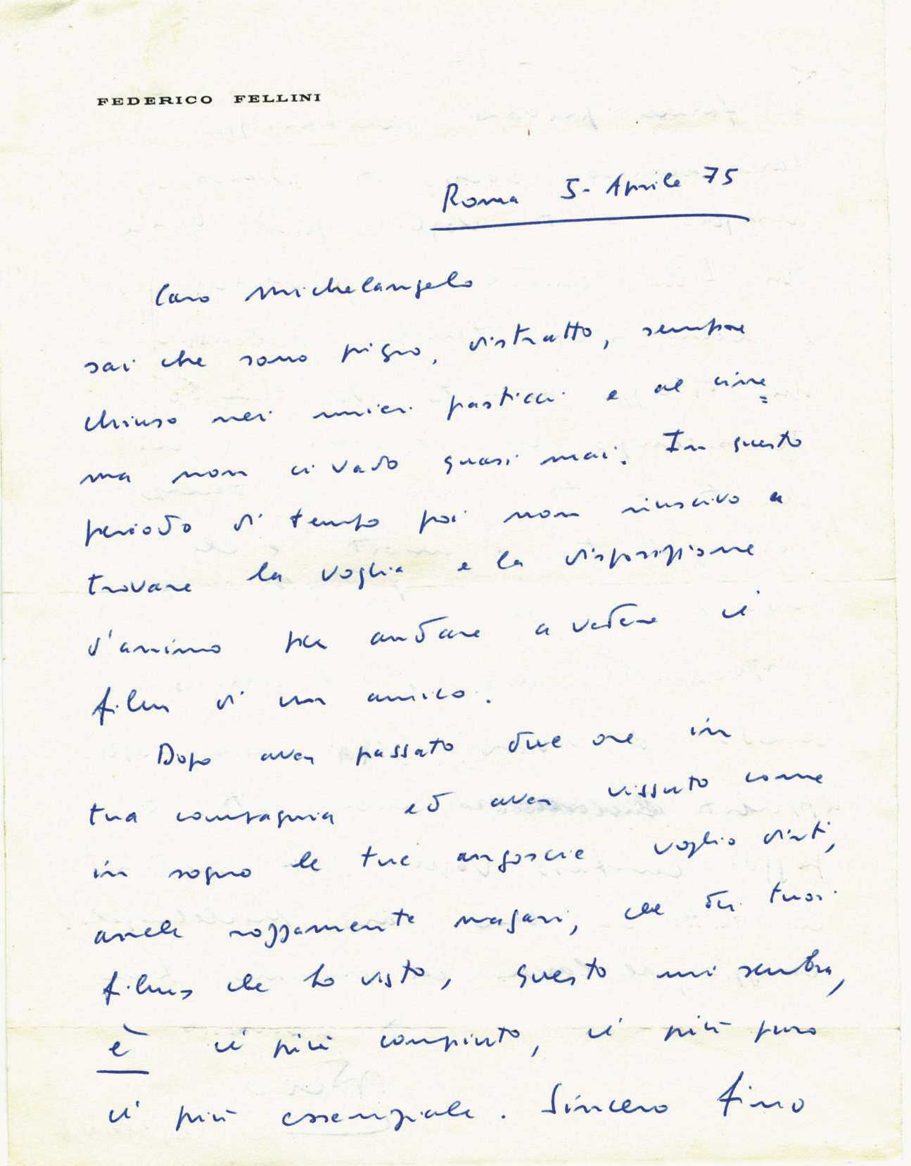 Letter from Federico Fellini to Michelangelo Antonioni, April 5, 1975