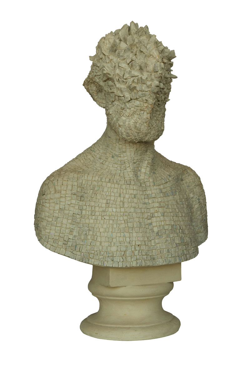 Nicola Samorì, mosaic making by Gruppo Mosaicisti Ravenna, Marco Santi, Neoclassical Portrait (2017; marble mosaic, 70 × 50 × 30 cm; Goro, Gavioli Ghezzo Private Collection)