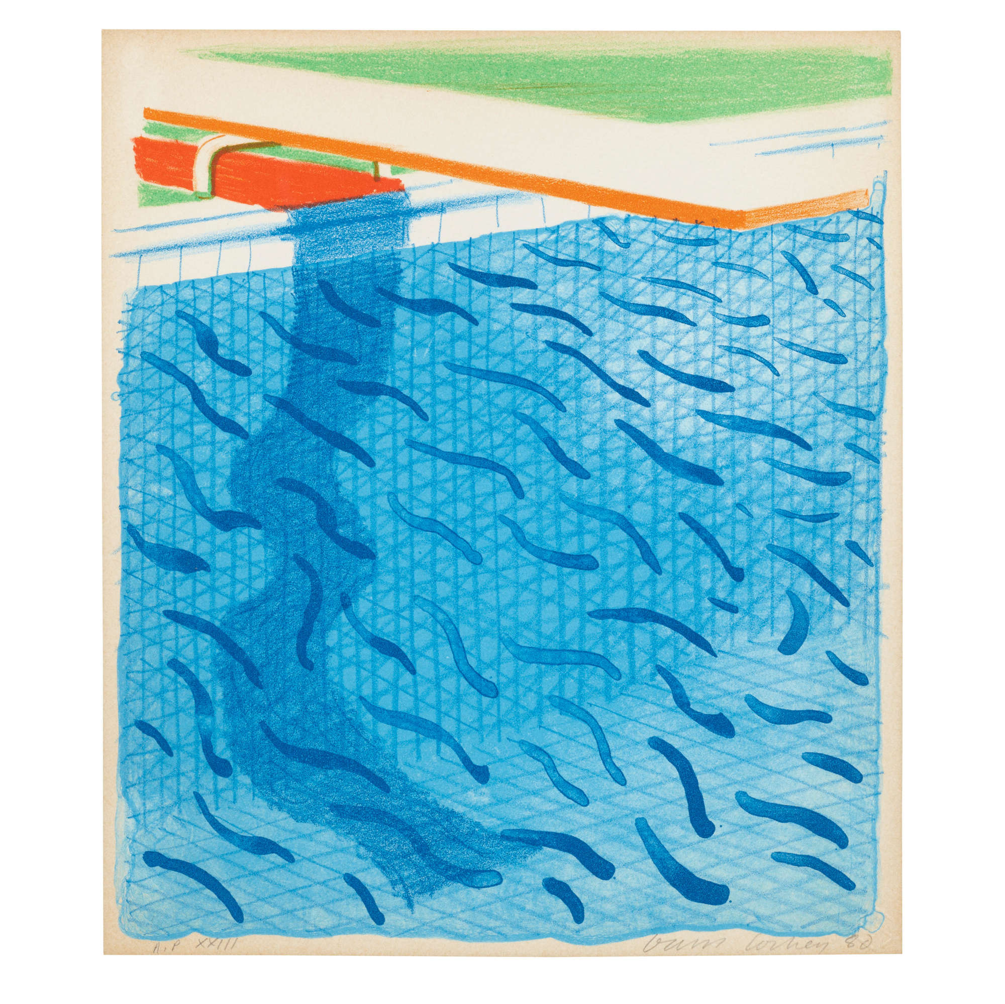 David Hockney, Pool Made with Paper and Blue Ink for Book (1980; color lithograph, artist's proof, 26.7 x 22.9 cm)