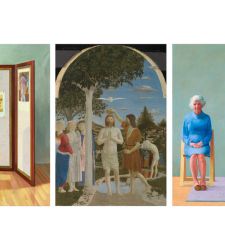 Die Taufe Christi von Piero della Francesca in zwei Werken von David Hockney. Zu sehen in der National Gallery