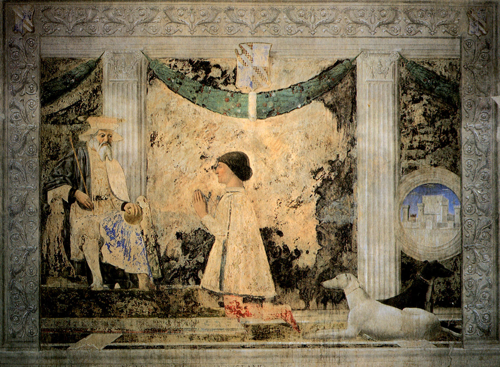 Piero della Francesca, Sigismondo Malatesta priant devant Saint Sigismondo (1451 ; Rimini, Temple Malatesta)