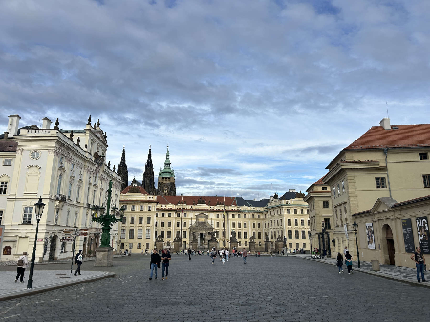 Sternberg Palace and Schwarzenberg Palace facing each other framing the entrance to Prague Castle