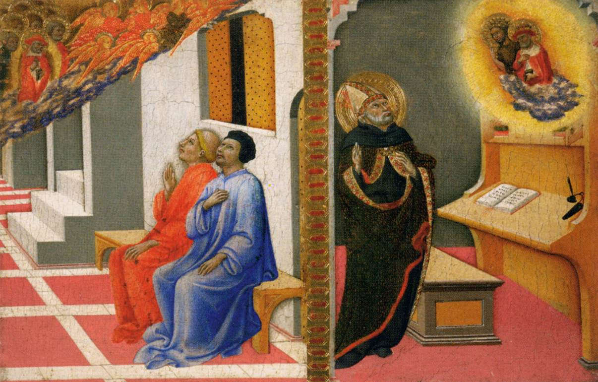 Sano di Pietro, Apparition of St. Jerome to Sulpicius Severus and St. Augustine, panel from the predella of the Gesuati Polyptych (1444; panel, 23 x 35 cm; Paris, Louvre)