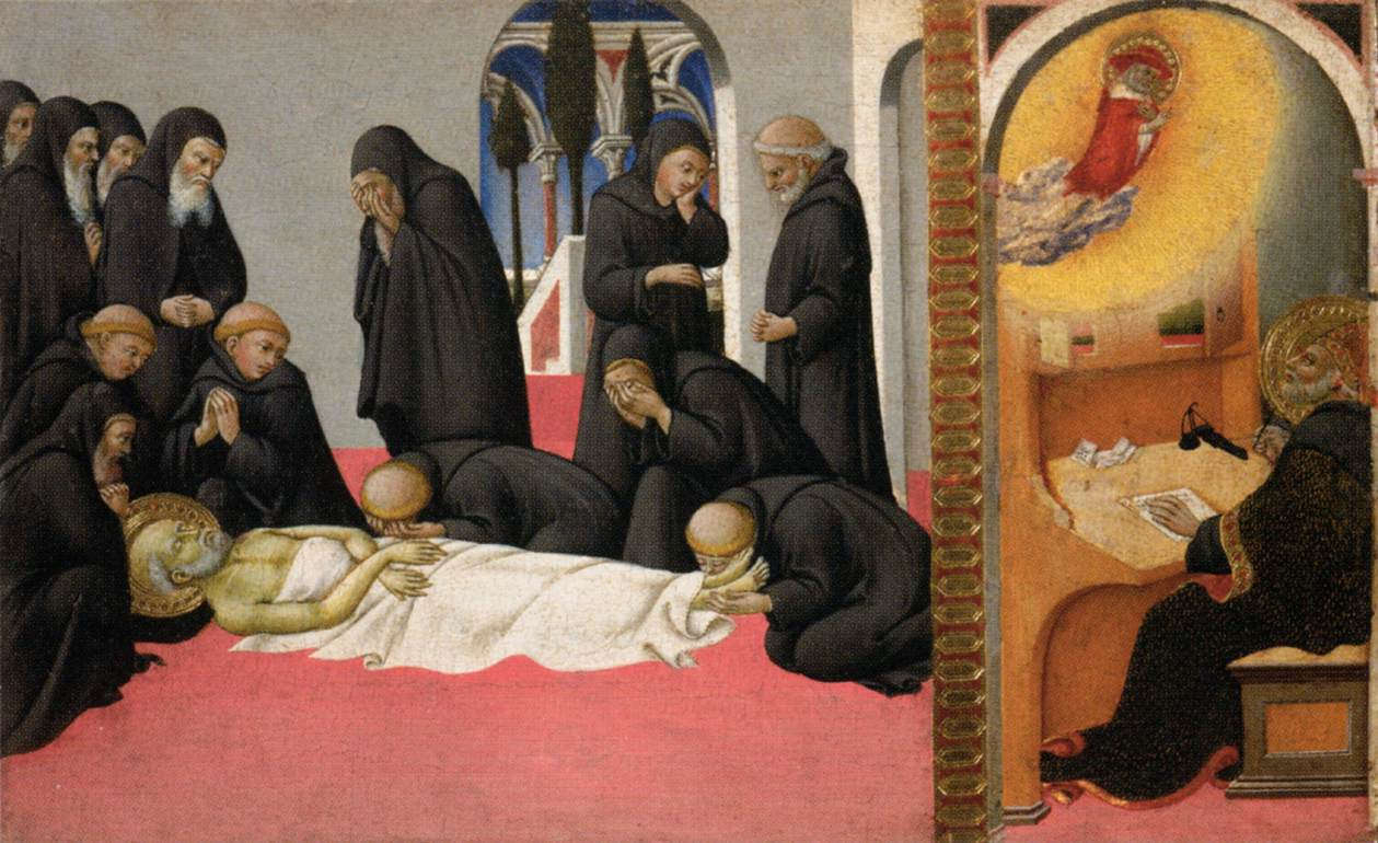 Sano di Pietro, Death of St. Jerome and Apparition of the Saint to St. Cyril of Jerusalem, panel from the predella of the Jesuit Polyptych (1444; panel, 23 x 37 cm; Paris, Louvre)