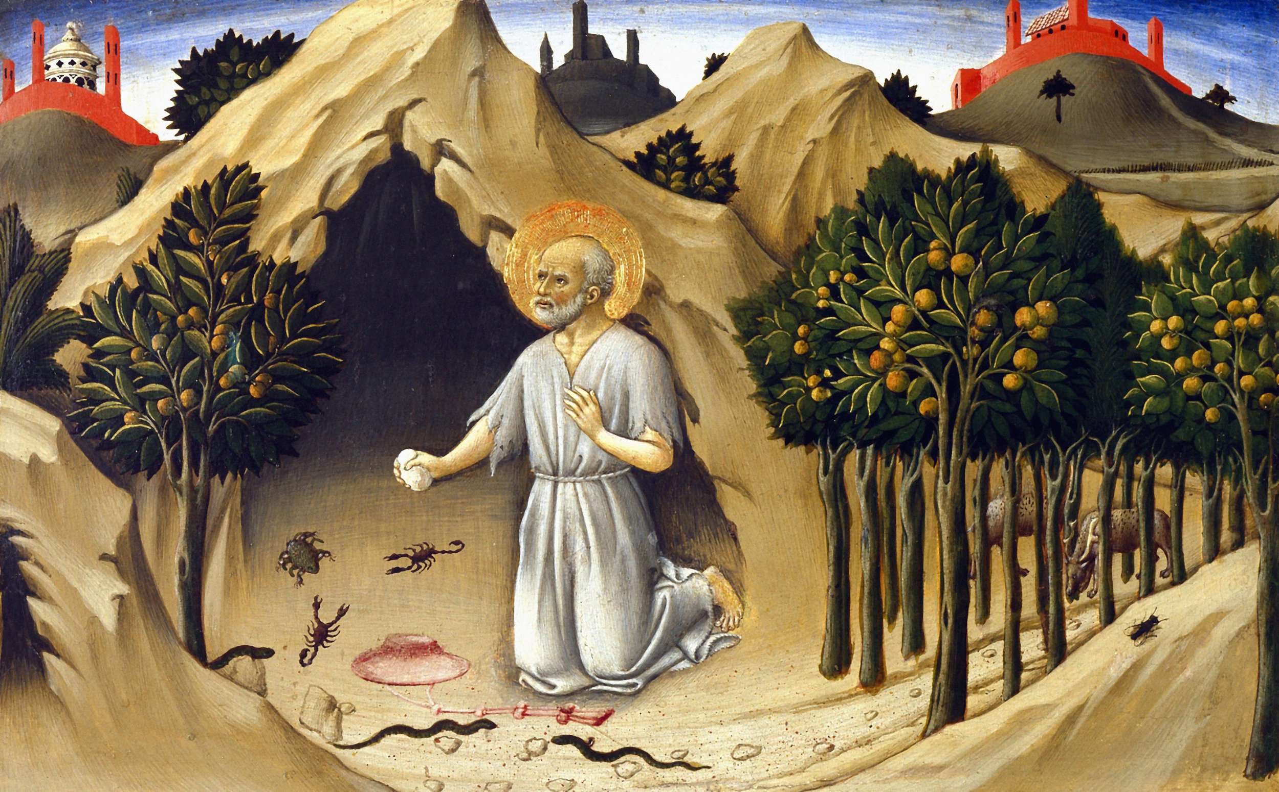 Sano di Pietro, St. Jerome in the Desert, panel from the predella of the Gesuati Polyptych (1444; panel, 23 x 36 cm; Paris, Louvre)