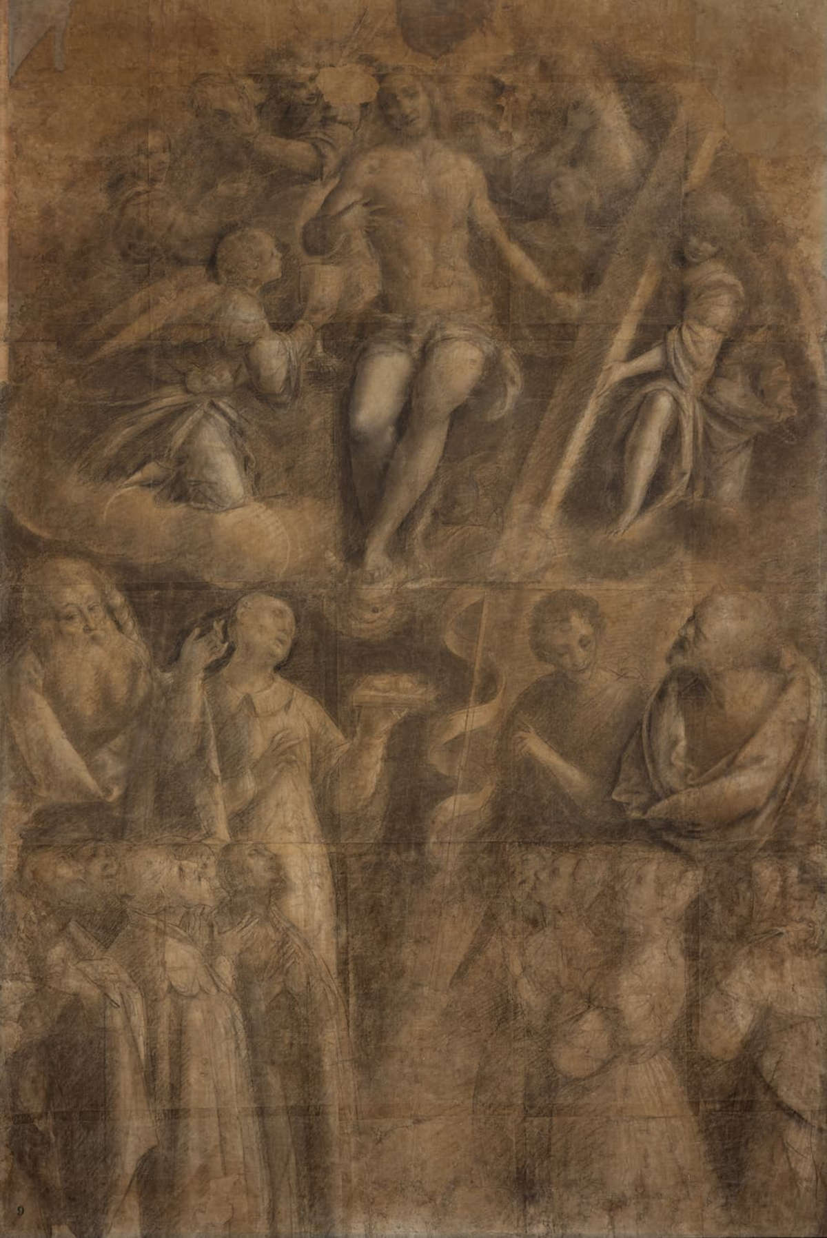 Bernardino Lanino, Cristo con instrumentos de la Pasión, ángeles, santos y devotos (1543-1546; carboncillo con uso de sfumino, tiza, mina blanca y lápiz; Turín, Pinacoteca Albertina, inv. 309)