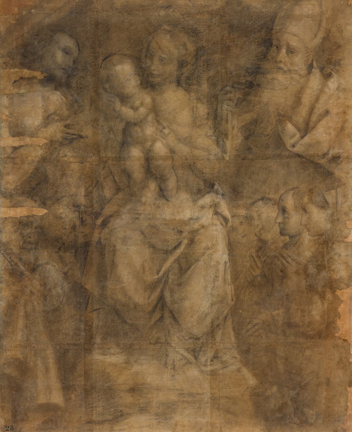 Bernardino Lanino, Virgen con el Niño entre santos y devotos (c. 1545; carboncillo, acuarela sepia, tiza y lápiz; Turín, Pinacoteca Albertina, inv. 328)