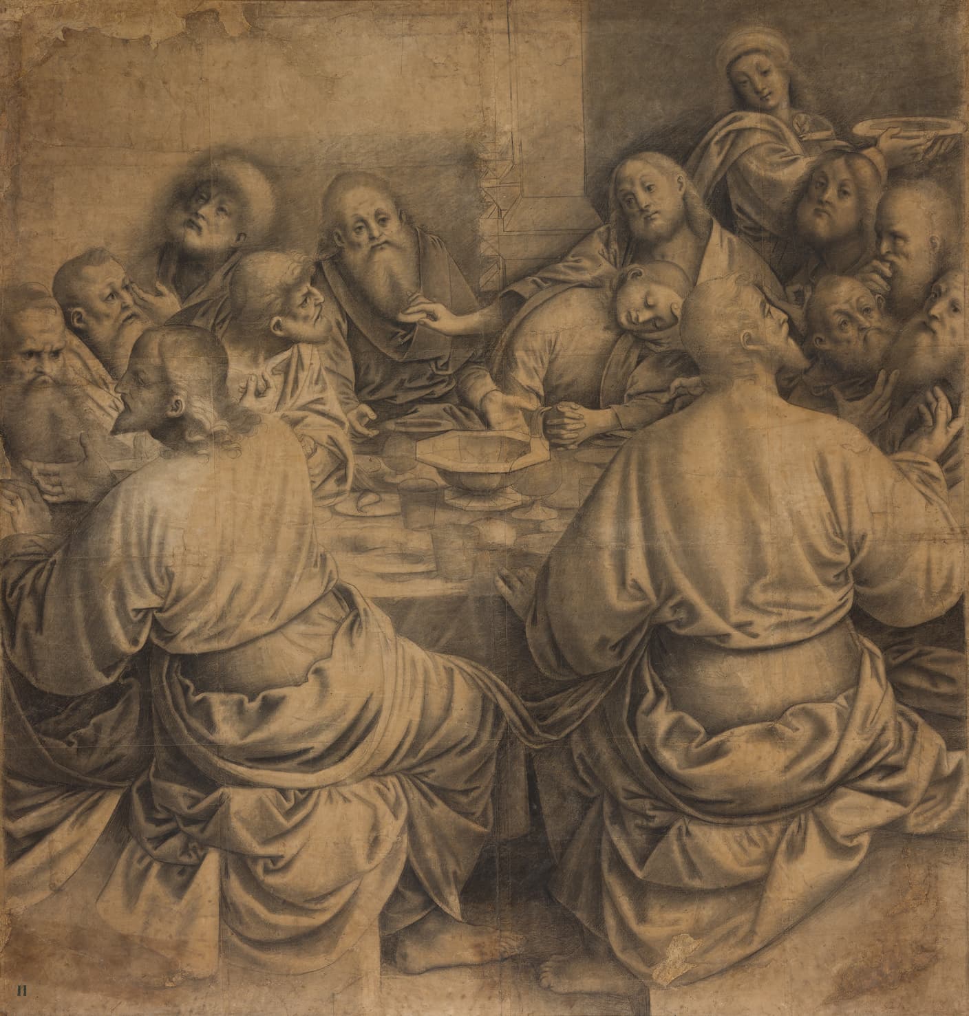 Taller de Gerolamo Giovenone, Última Cena (c. 1540; carboncillo y tiza con restos de acuarela sepia; Turín, Pinacoteca Albertina, inv. 311)